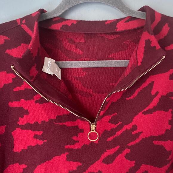 Chico's Women's XLP Red Tight Knit Camo Sweater Back Zipper Classic Colorful - Picture 5 of 8